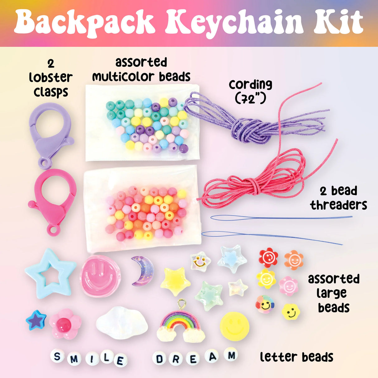 Colorful DIY backpack keychain kit with beads, letter beads, charms, cords, and lobster clasps for creative personalization.