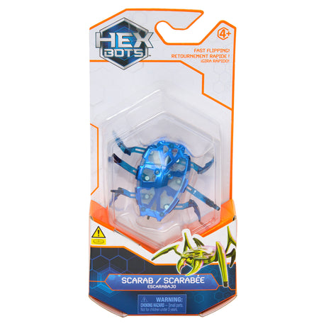 HEX BOTS Scarab in packaging, a high-speed mechanical beetle robot with six angled legs in blue color.