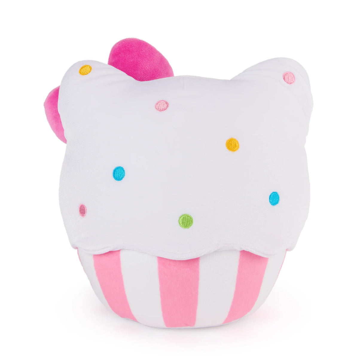 Hello Kitty Cupcake plush with pink bow, rainbow sprinkles, and pink-and-white striped baking cup, soft and huggable.