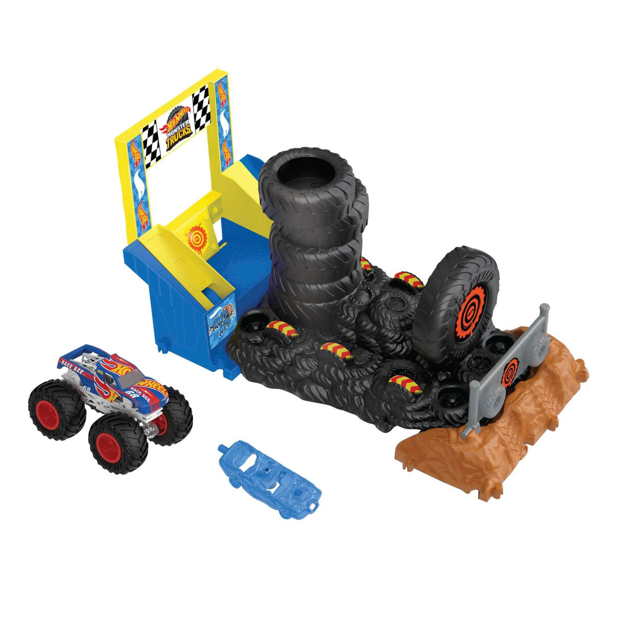 Hot Wheels Monster Trucks Arena Smashers playset with Race Ace truck, tire tower, crushable car, and racing finish line.