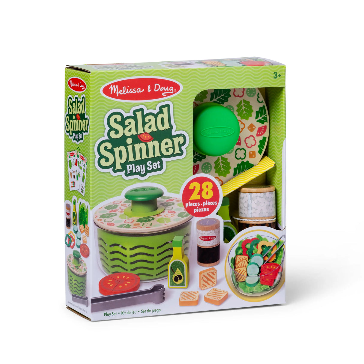 Salad Spinner play set with wooden top, fabric lettuce, tongs, and pretend salad ingredients for kids ages 3 and up.