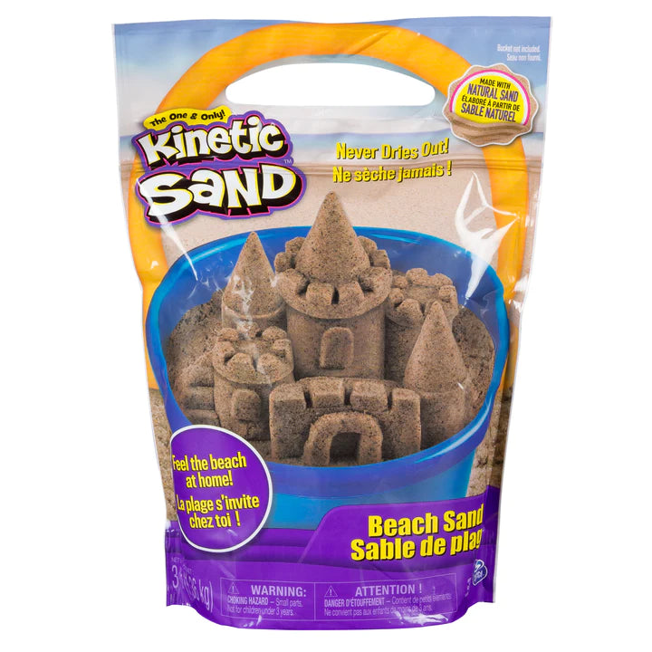 Kinetic Sand | 3lb Beach Sand in a blue bucket, shaped into detailed sandcastle models, natural large grains.