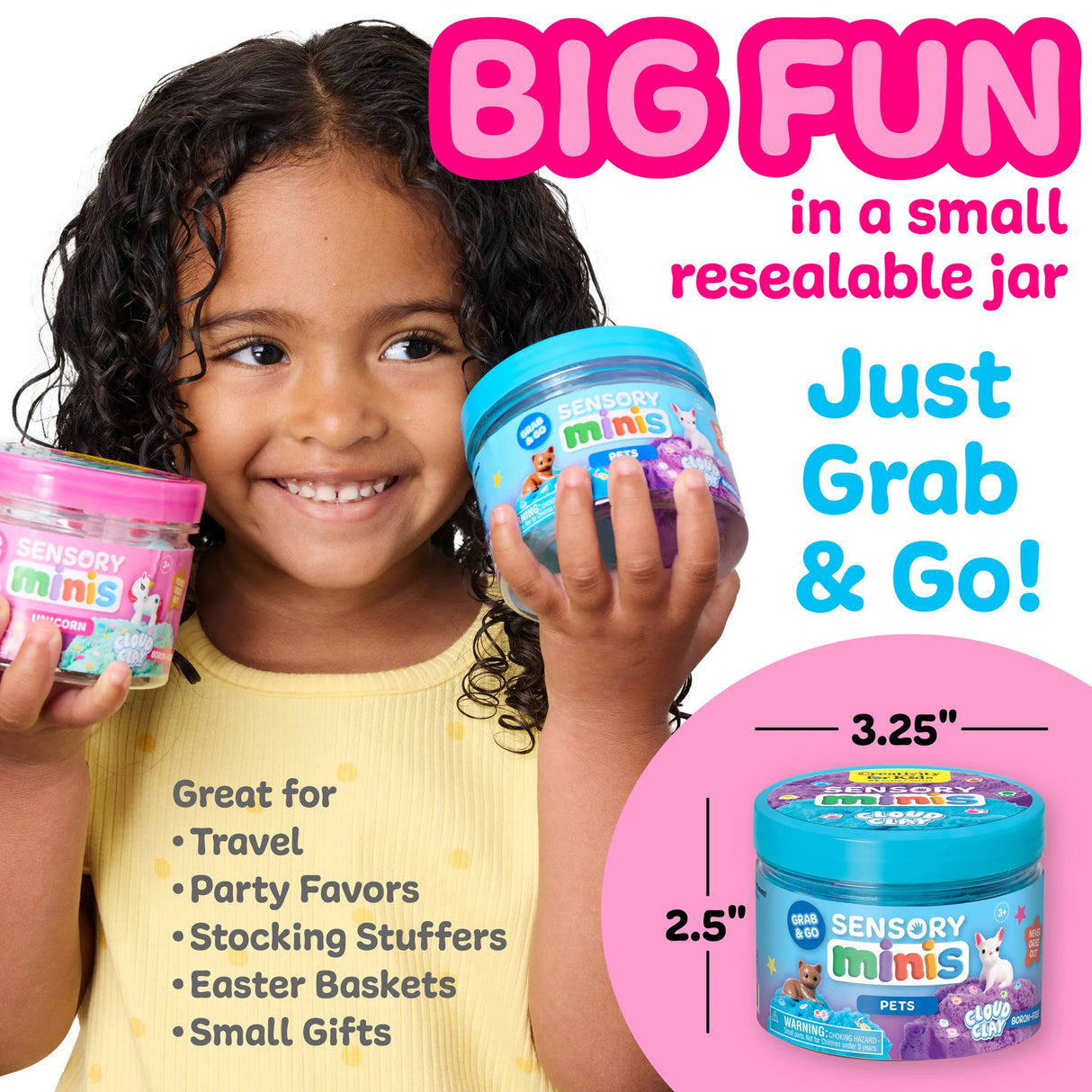 Child holding two colorful sensory mini jars with playful packaging for tactile sensory play and travel fun