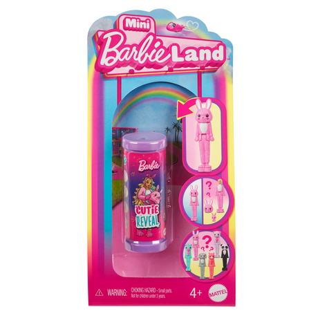 Mini BarbieLand Cutie Reveal toy in packaging with a pink lipstick tube containing a surprise mini Barbie doll inside.