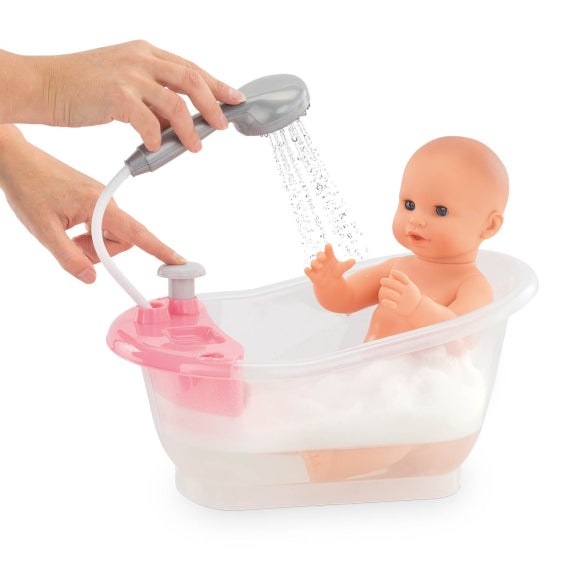 Bathtub & Shower with removable top and button-activated shower head for 12-14 inch dolls, doll not included.