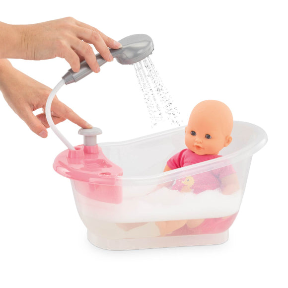 Bathtub & Shower with removable top and button-activated shower head for bathing 12-14 inch dolls, doll not included.