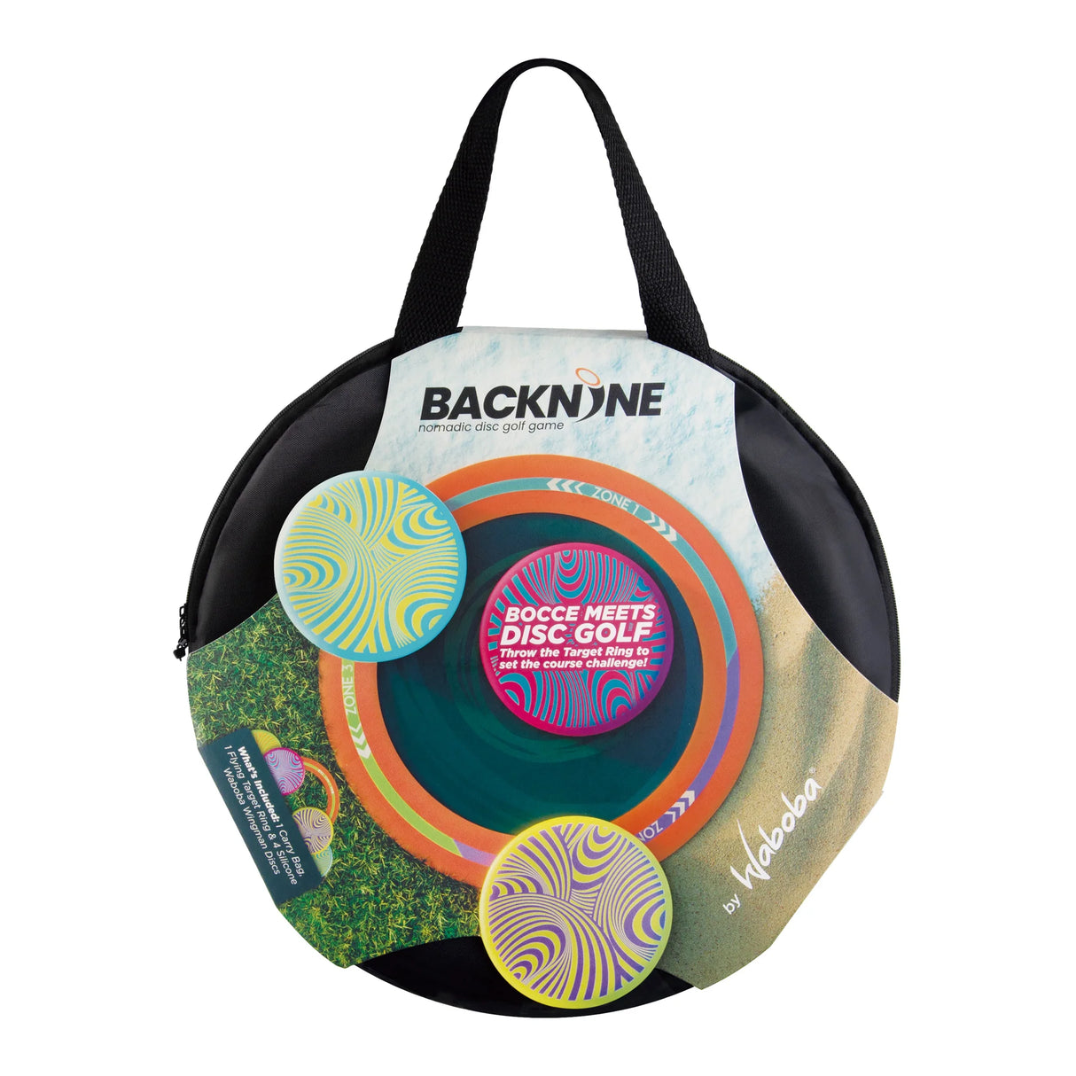 Waboba Backnine portable disc golf game with flying target ring, four silicone discs, and carry bag for outdoor play.
