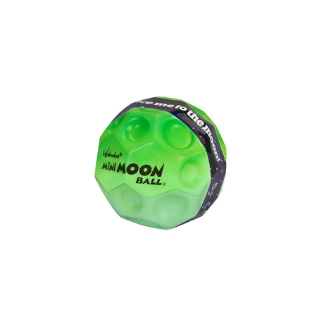 Mini Moon Ball in bright green with distinctive craters, perfect for outdoor play and bouncing fun.