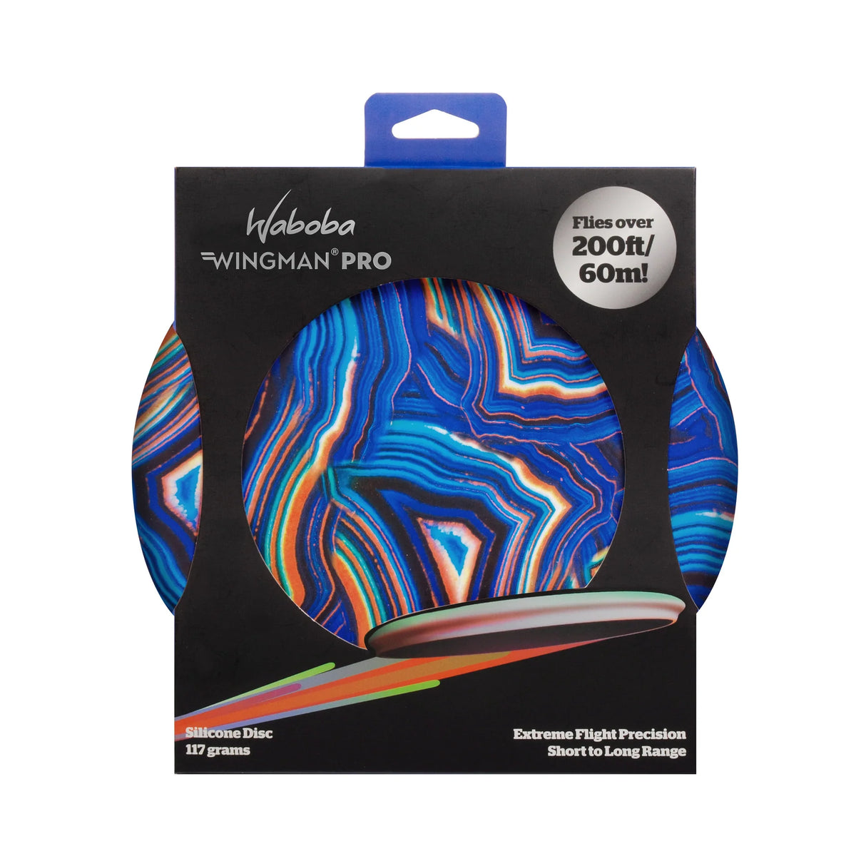 Waboba Wingman Disc PRO flying disc in vibrant blue and orange with superior flight precision and stability.