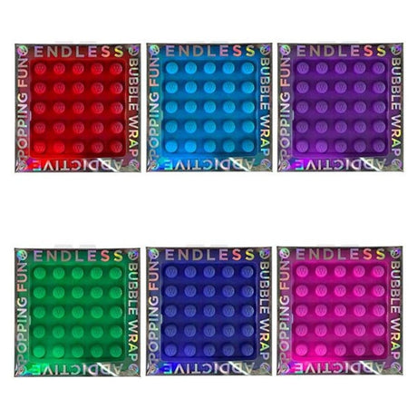 Six colorful silicone endless bubble wrap fidget toys in red, blue, purple, green, dark blue, and pink in packaging.
