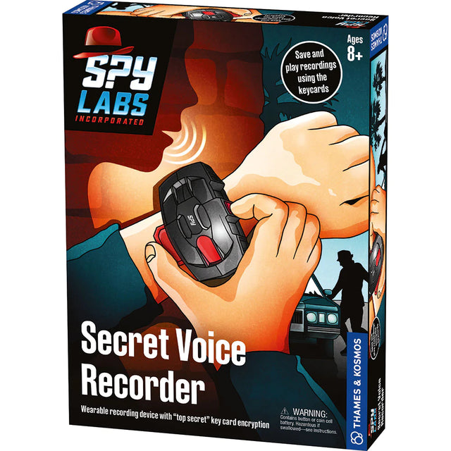 Spy Labs Secret Voice Recorder wearable device shown on wrist with key card encryption for secure recordings.