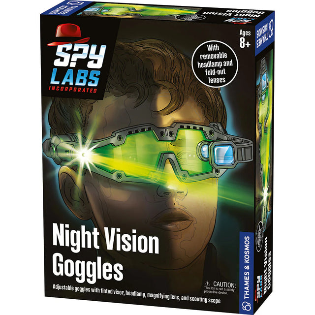 Spy Labs Night Vision Goggles with adjustable tinted visor, fold-out lenses, headlamp, and detachable flashlight for kids 8+.