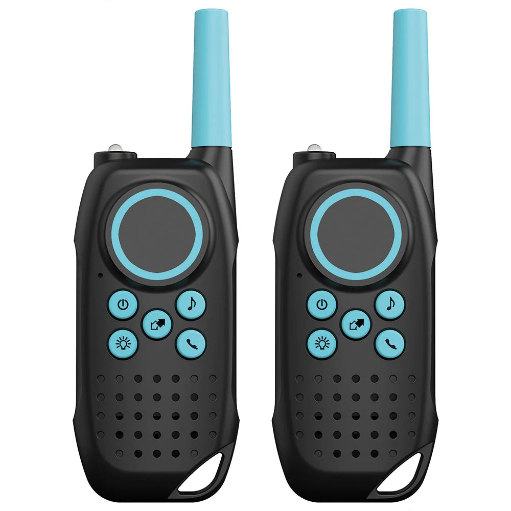 Spy Labs Spy Walkie Talkies in black and blue with multiple buttons and long antennas for covert communication.