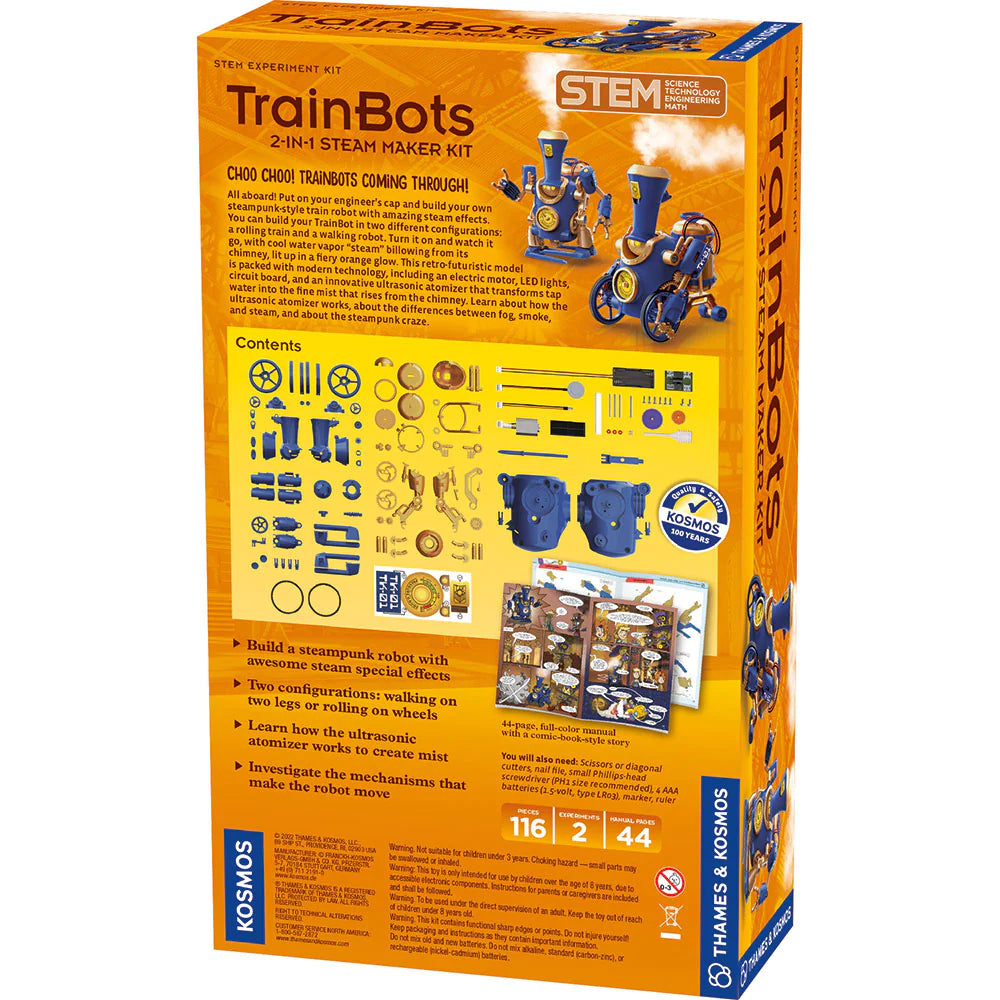 TrainBots: 2-in-1 Steam Maker Kit box showing components and instructions for building steam-powered train robot.
