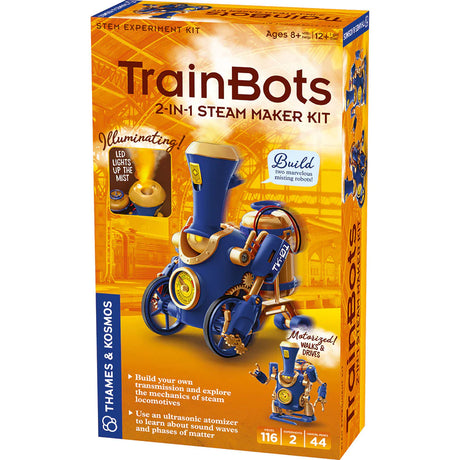 TrainBots: 2-in-1 Steam Maker Kit box showing steampunk train robot with steam effects and LED lights.