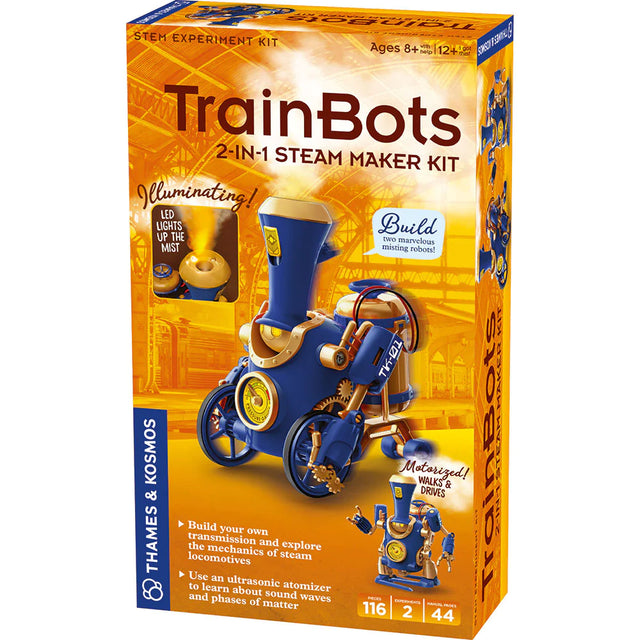 TrainBots: 2-in-1 Steam Maker Kit box showing steampunk train robot with steam effects and LED lights.