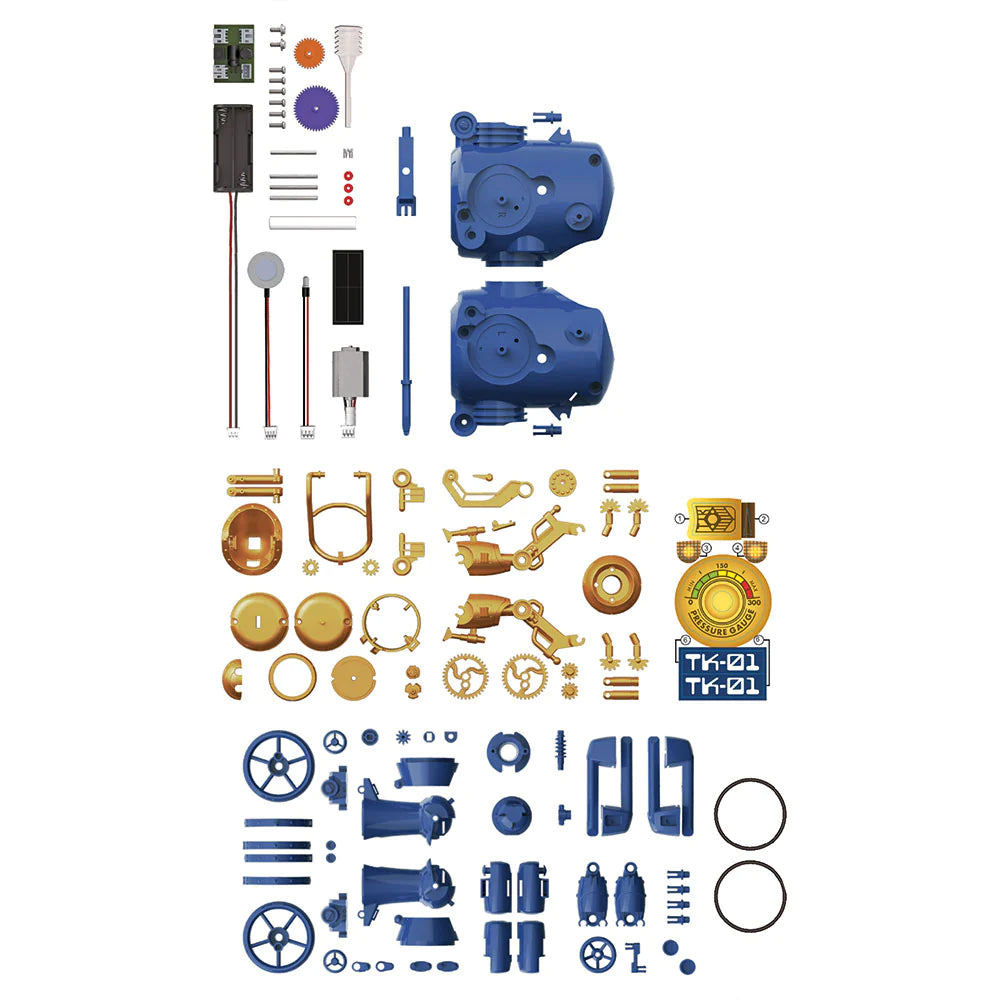 TrainBots: 2-in-1 Steam Maker Kit components laid out, showing parts for building train and walking robot configurations.