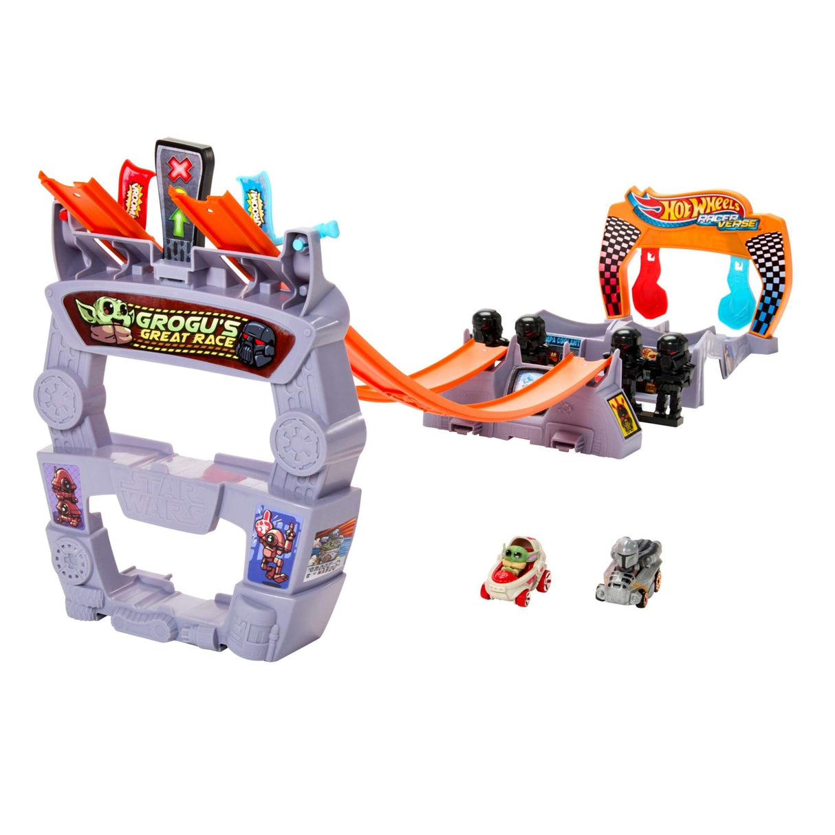 Hot Wheels RacerVerse Star Wars track set with Grogu and Mandalorian die-cast cars and race jump obstacles.