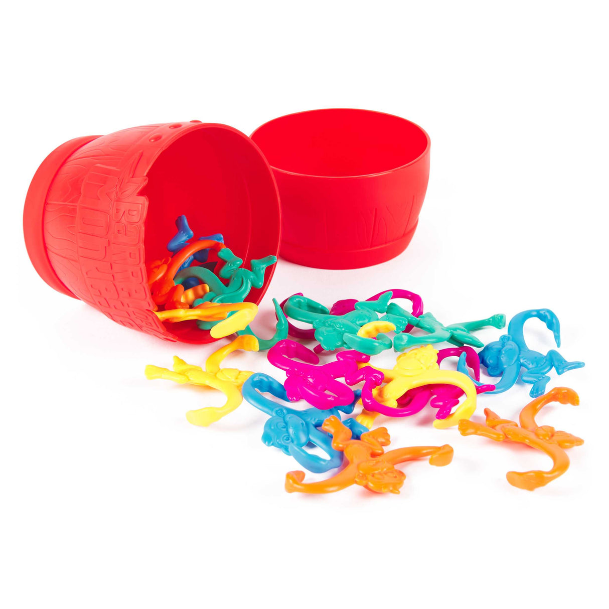 Barrel of Monkeys game with colorful linking monkeys spilling out of a red plastic barrel on white background.