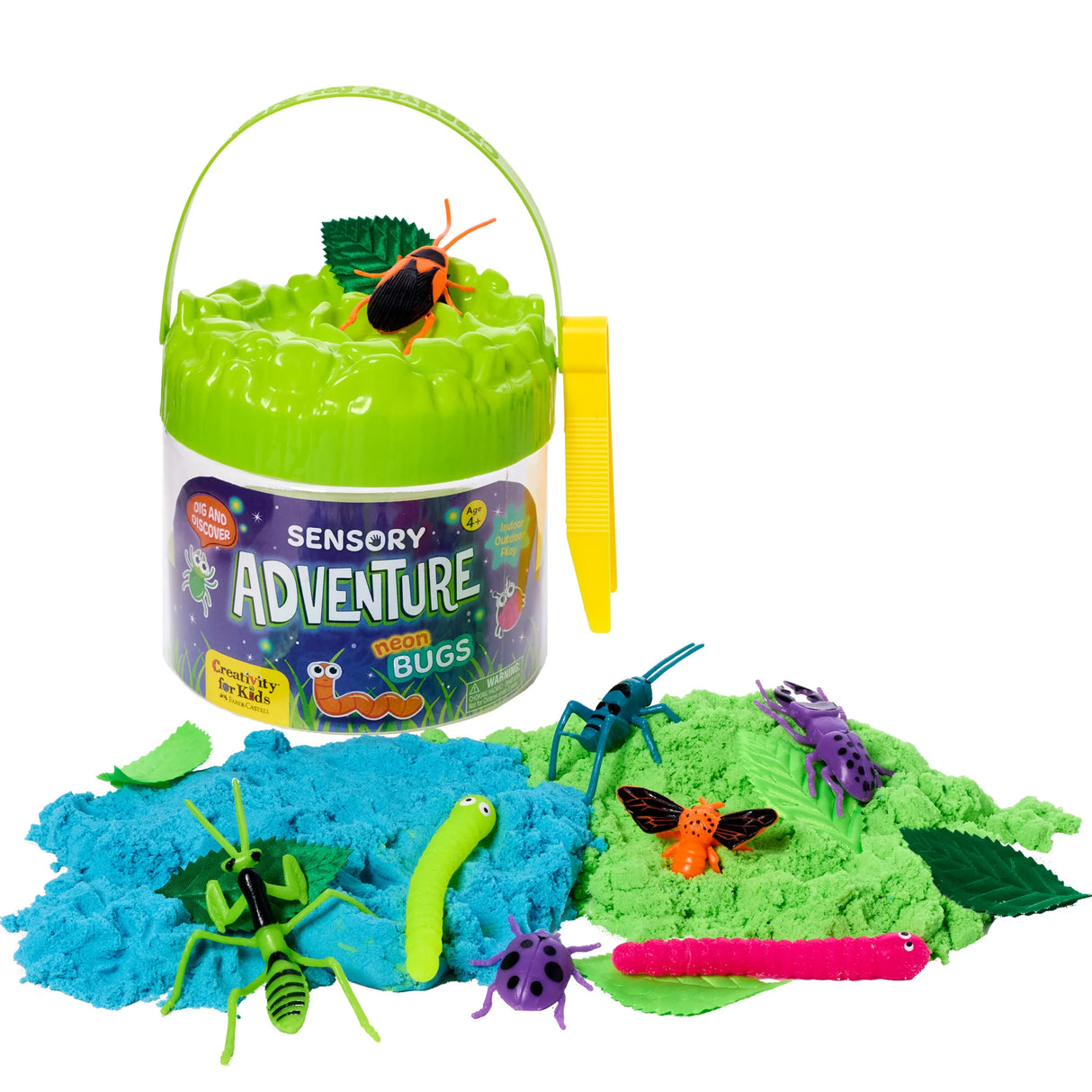 Sensory kit with neon bugs, colorful sand, worms, leaves, and tweezers for creative hands-on bug garden play.