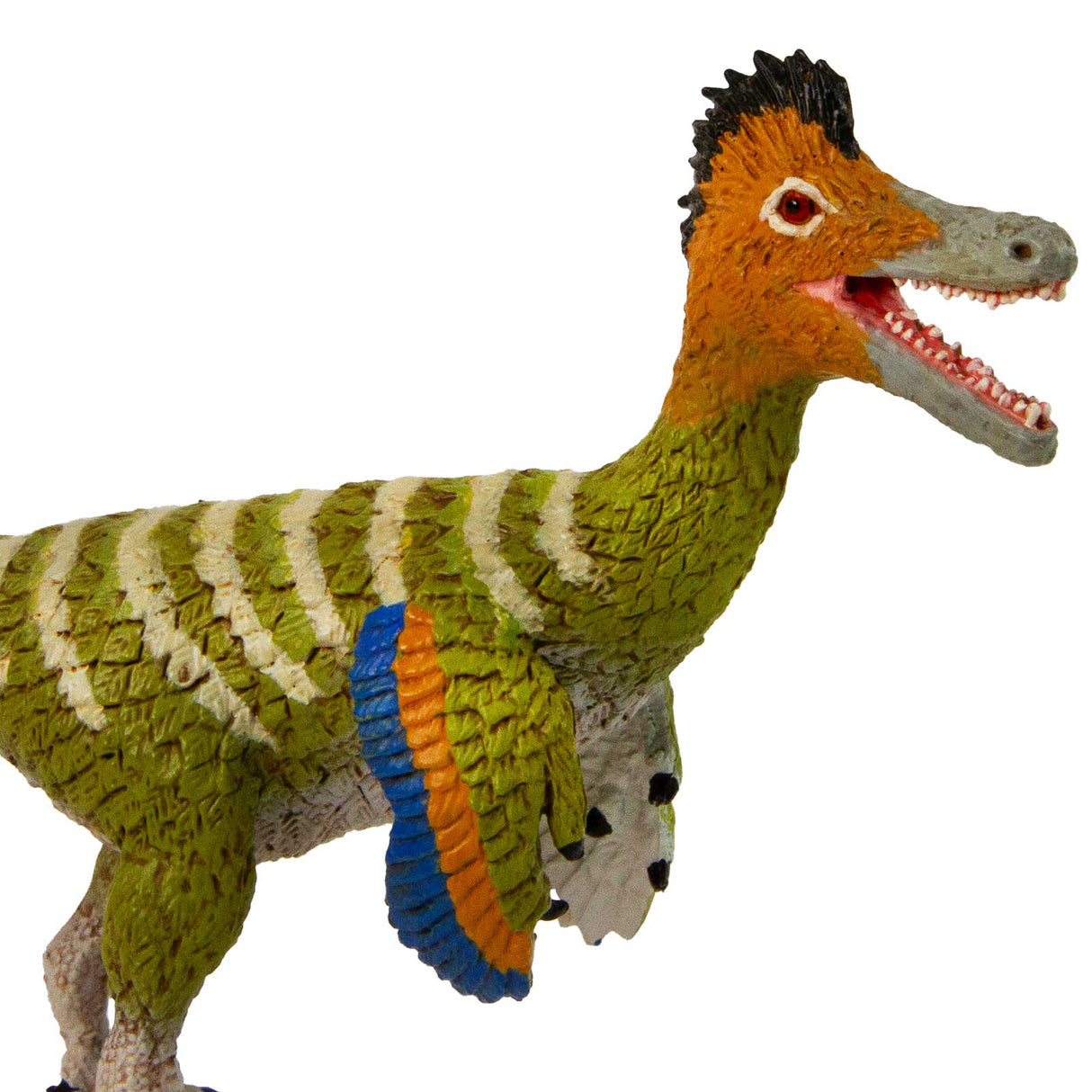 Austroraptor toy dinosaur figure with green, blue, and brown feathers, black crest, and realistic slender build.