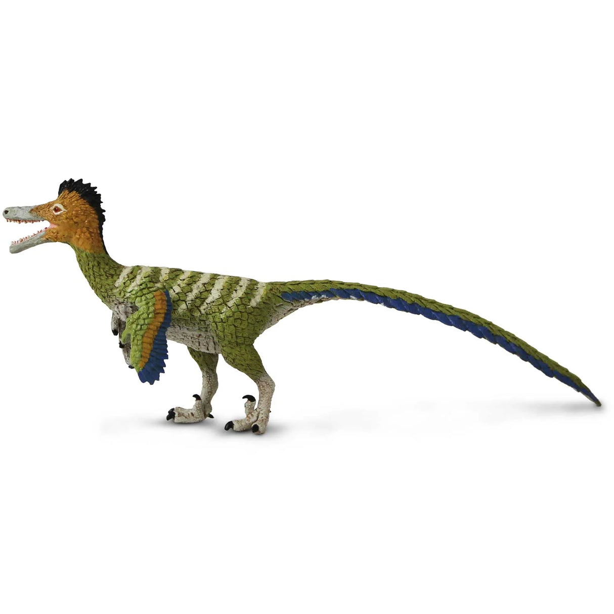 Austroraptor toy dinosaur figure with green, blue, and brown feathers, slender build, and feathered crest on head.