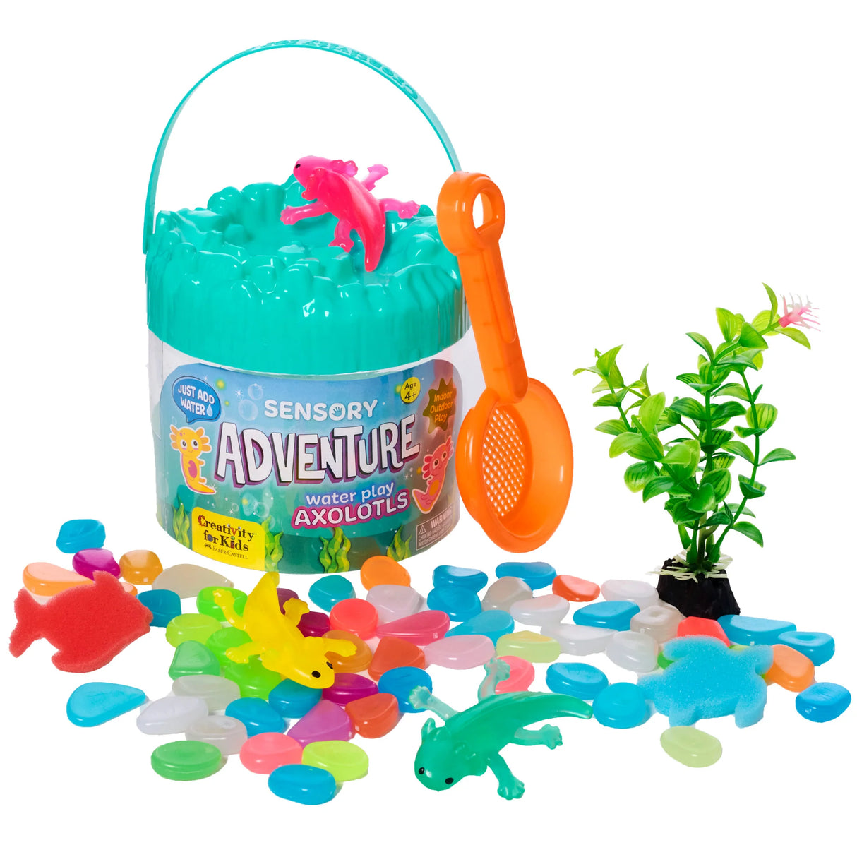 Sensory Adventure water play set with stretchy axolotls, colorful stones, sifter, and underwater plant for tactile fun.