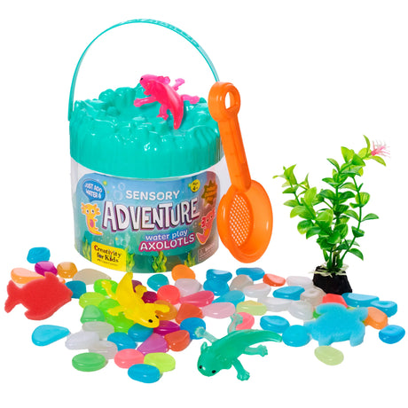 Sensory Adventure water play set with stretchy axolotls, colorful stones, sifter, and underwater plant for tactile fun.