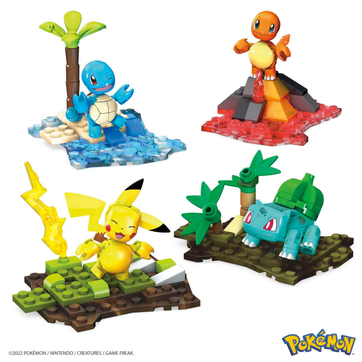 Mega Construx Pokemon Kanto Region Team buildable Pikachu, Squirtle, Charmander, Bulbasaur with environment stands set.