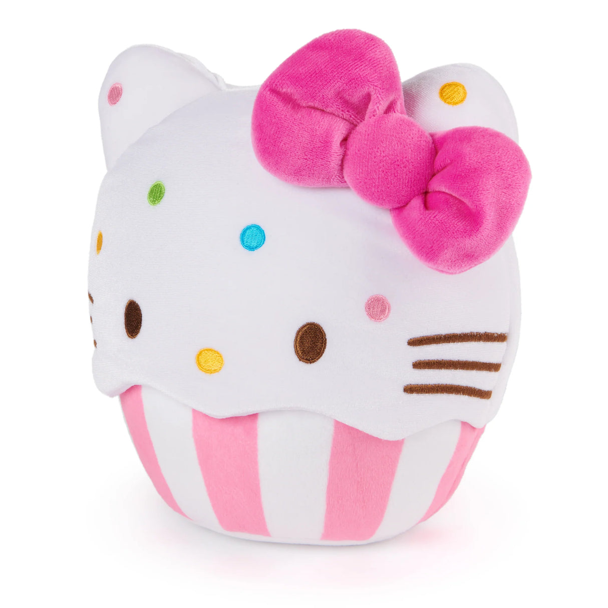 Hello Kitty Cupcake plush with pink bow, rainbow sprinkles, and striped baking cup, soft and huggable 8-inch toy.