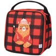 Let's Do Lunch Lunchbag LumBEARjack in red plaid with insulated, reusable design and bear graphic holding marshmallows.