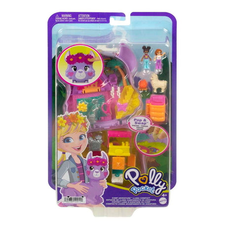 Polly Pocket Camp Adventure Llama Compact with two micro dolls, llama, accessories, and wristlet strap in colorful packaging.