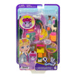 Polly Pocket Camp Adventure Llama Compact with two micro dolls, llama, accessories, and wristlet strap in colorful packaging.