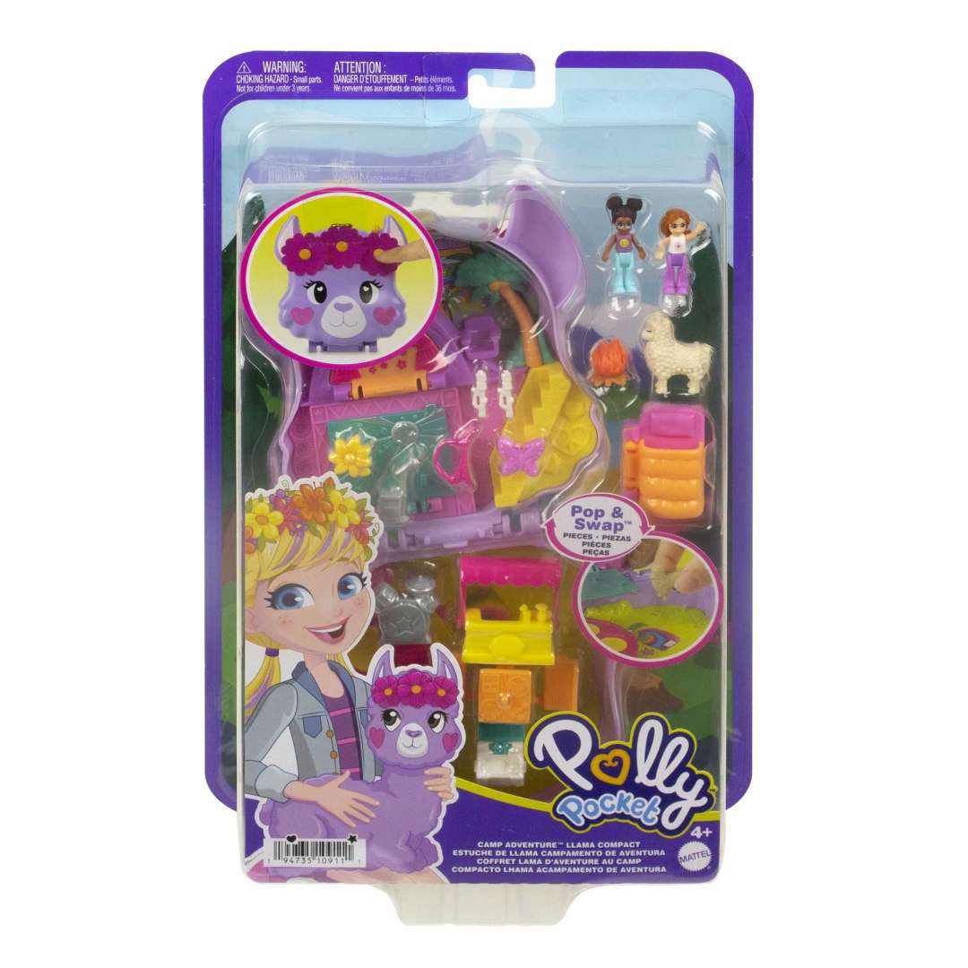 Polly Pocket Camp Adventure Llama Compact with two micro dolls, llama, accessories, and wristlet strap in colorful packaging.