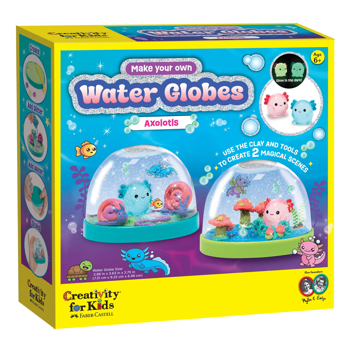 DIY water globe kit for kids with colorful axolotl figurines and underwater clay scenes to create and shake