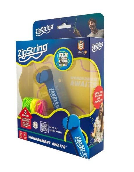 Colorful ZipString toy in original blue packaging with three looped strings for creativity and outdoor play.