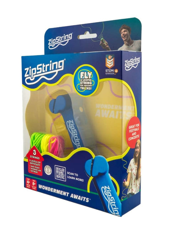 Colorful ZipString toy in original blue packaging with three looped strings for creativity and outdoor play.