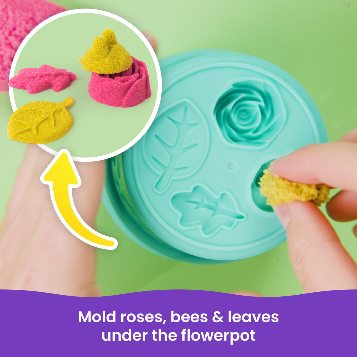 Kinetic Sand SquishBlossom showing hands molding yellow sand into flower shapes with rose, bee, and leaf molds.
