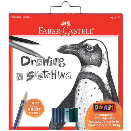 Do Art: Drawing & Sketching kit featuring Faber-Castell pencils, pens, and a step-by-step illustrated guide.