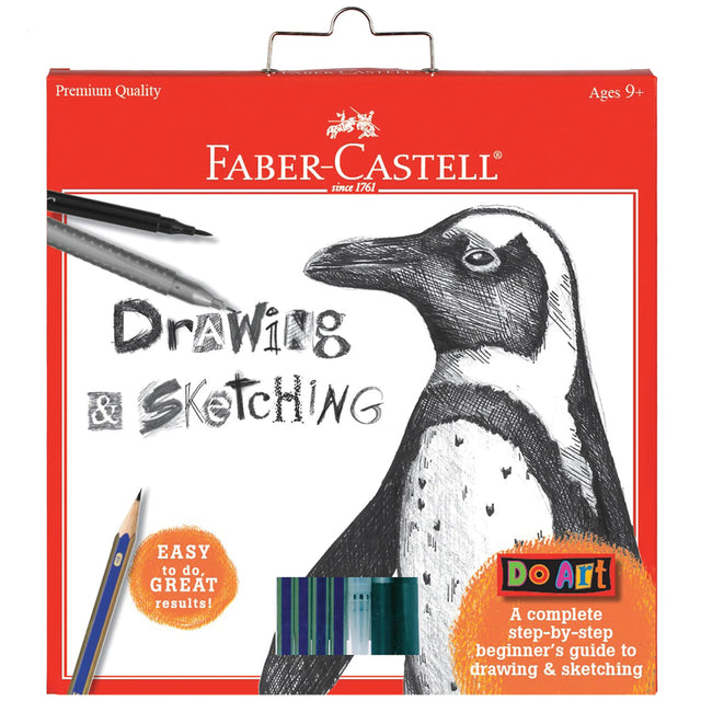 Do Art: Drawing & Sketching kit featuring Faber-Castell pencils, pens, and a step-by-step illustrated guide.