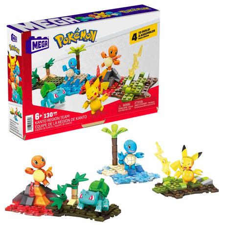 Mega Construx Pokemon Kanto Region Team with buildable Pikachu, Squirtle, Charmander, Bulbasaur and environment stands.