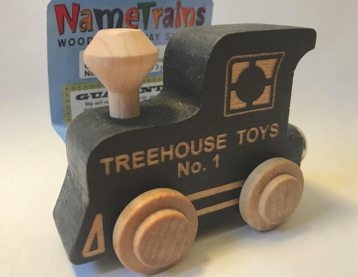 NameTrain Engine Treehouse Toys wooden black engine with natural wheels and chimney for kids' personalized train set.