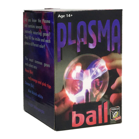 Plasma Ball packaging showing the glowing lightning effect inside the glass sphere being touched by a hand.