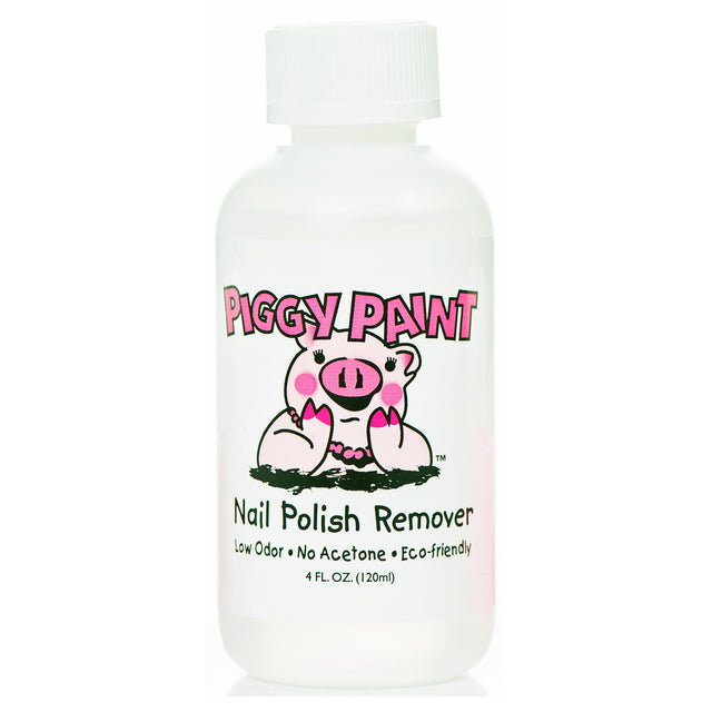 Piggy Paint Nail Polish Remover bottle with low odor, no acetone, eco-friendly formula in a 4 FL. OZ. size.