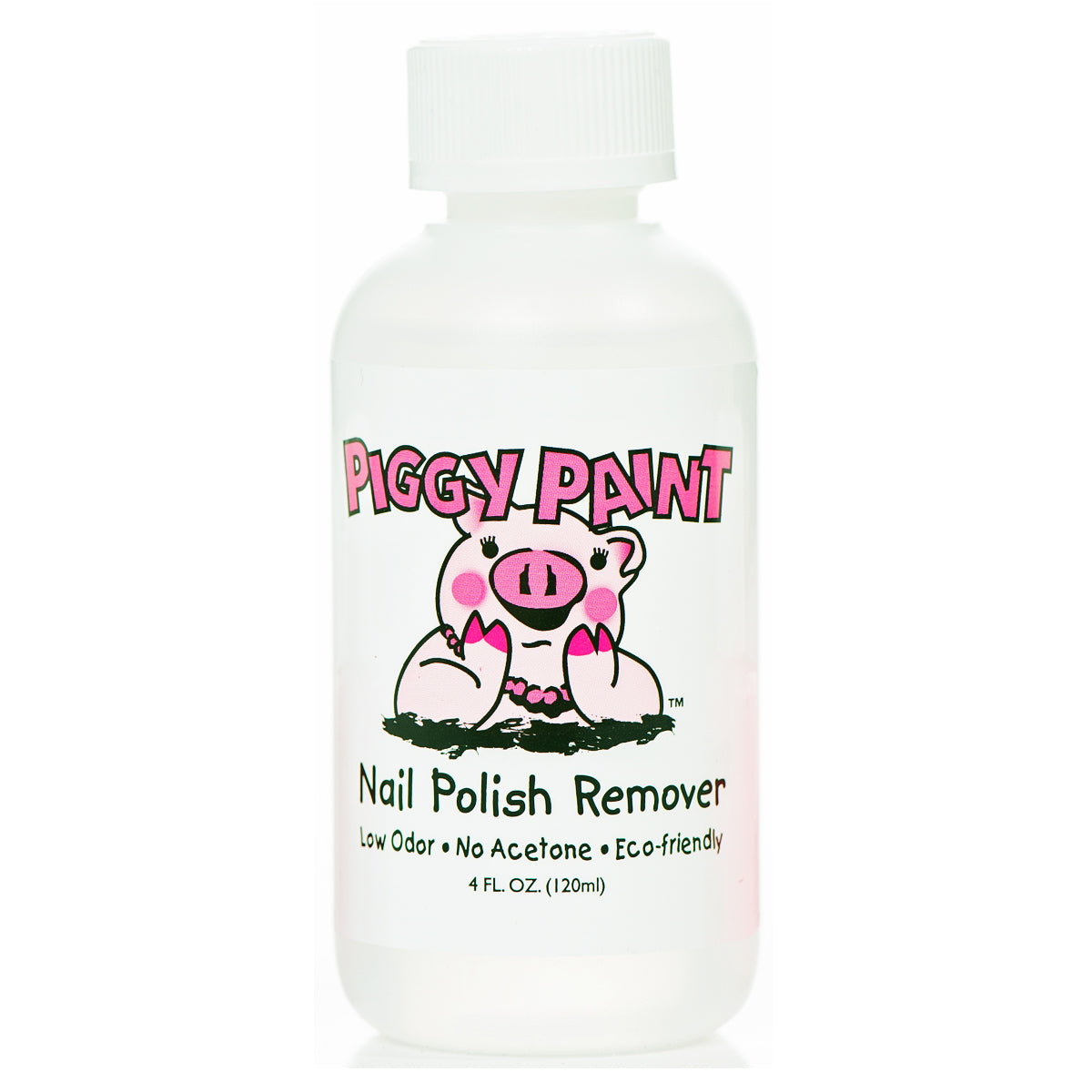 Piggy Paint Nail Polish Remover bottle with low odor, no acetone, eco-friendly formula in a 4 FL. OZ. size.