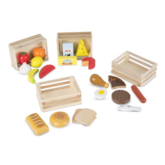 Food Groups wooden play food set with fruits, dairy, meat, bread, and storage crates for educational pretend play.
