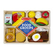 Food Groups wooden play food set with hand-painted dairy, produce, grains, meat, and fish in four wooden crates.