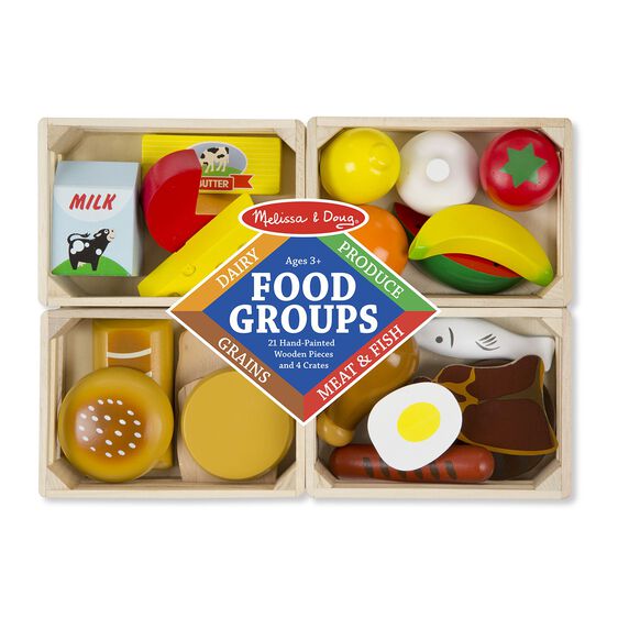Food Groups wooden play food set with hand-painted dairy, produce, grains, meat, and fish in four wooden crates.