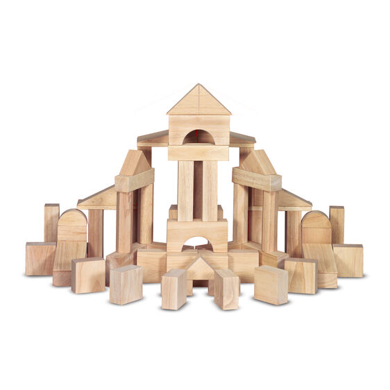 Wooden Blocks Set with 60 natural-finish hardwood blocks arranged in a creative structure for building and play.
