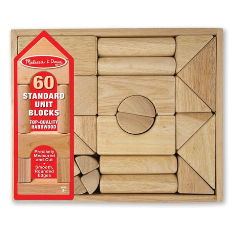 Wooden Blocks Set with 60 smooth, natural hardwood unit blocks neatly arranged in a wooden storage crate for creative play